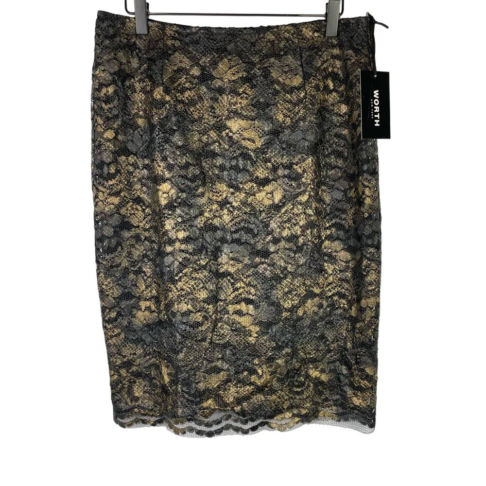 Worth New York | NWT Black & Gold Metallic Lace Knee Length Pencil Skirt